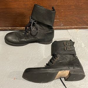 Leather combat boots with ties and ankle/calf buckle